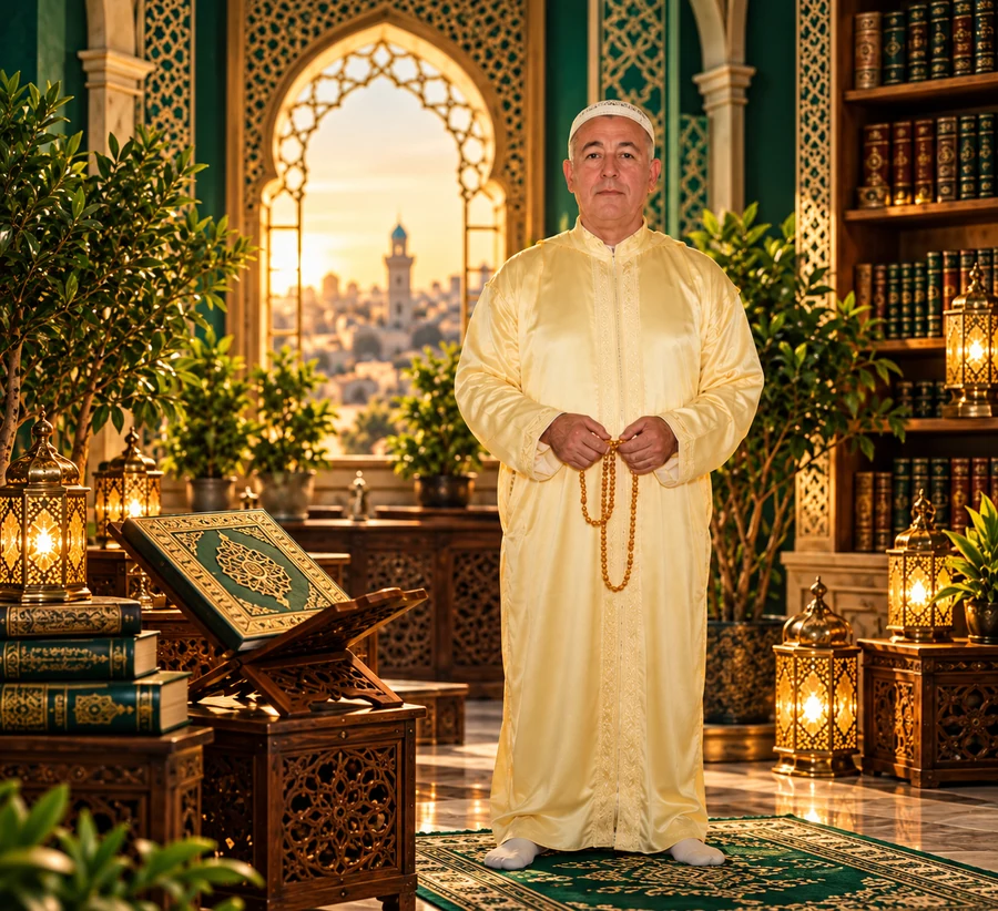 Abdelaziz debout, en djellaba claire, un chapelet à la main, dans un décor oriental avec bibliothèque, arches et lanternes dorées