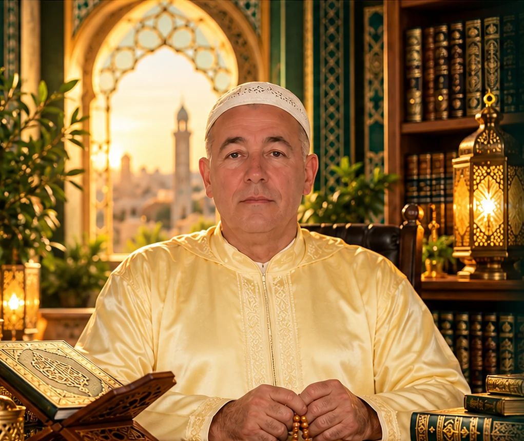 Abdelaziz assis à son bureau, en tenue traditionnelle dorée, avec un Coran et un chapelet